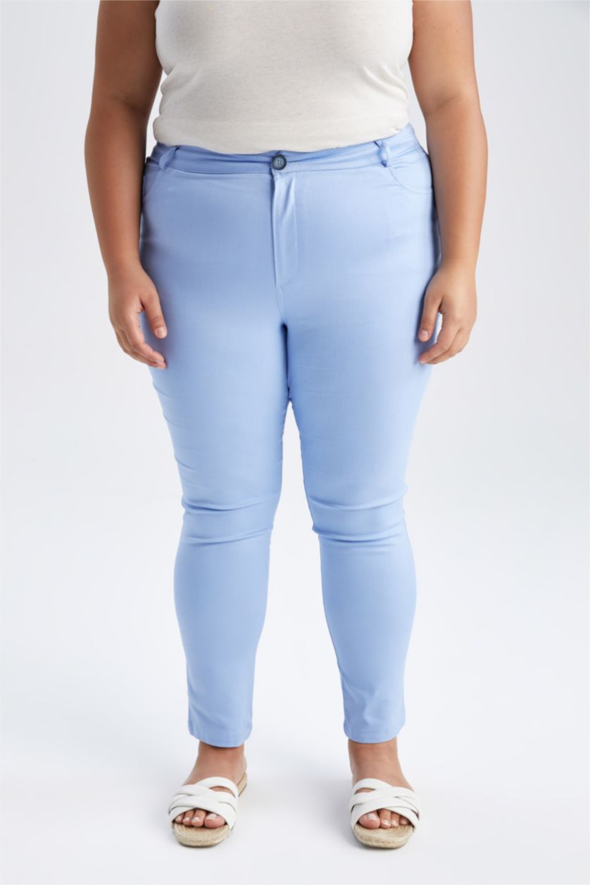 Woman Blue DF Plus Spanish Leg Plus Size Double Pocket Cotton Trousers