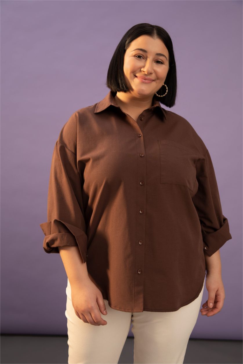 Woman Brown Relax Fit Shirt Collar Poplin Long Sleeve Shirt