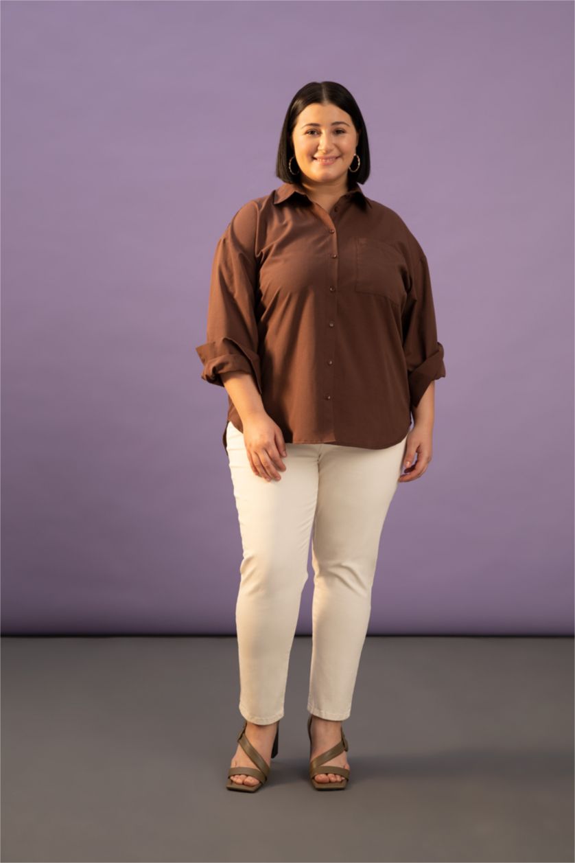 Woman Brown Relax Fit Shirt Collar Poplin Long Sleeve Shirt