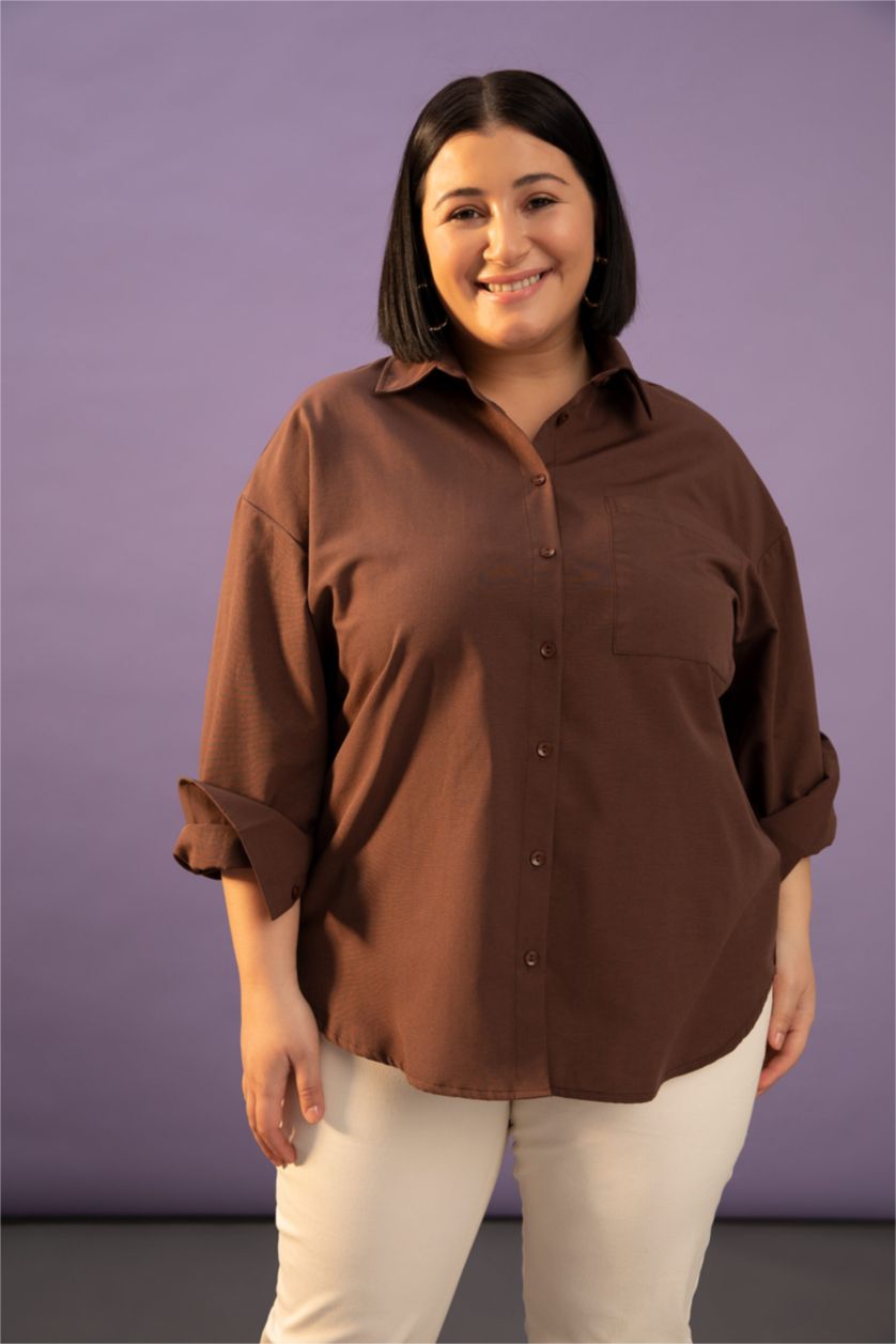 Woman Brown Relax Fit Shirt Collar Poplin Long Sleeve Shirt
