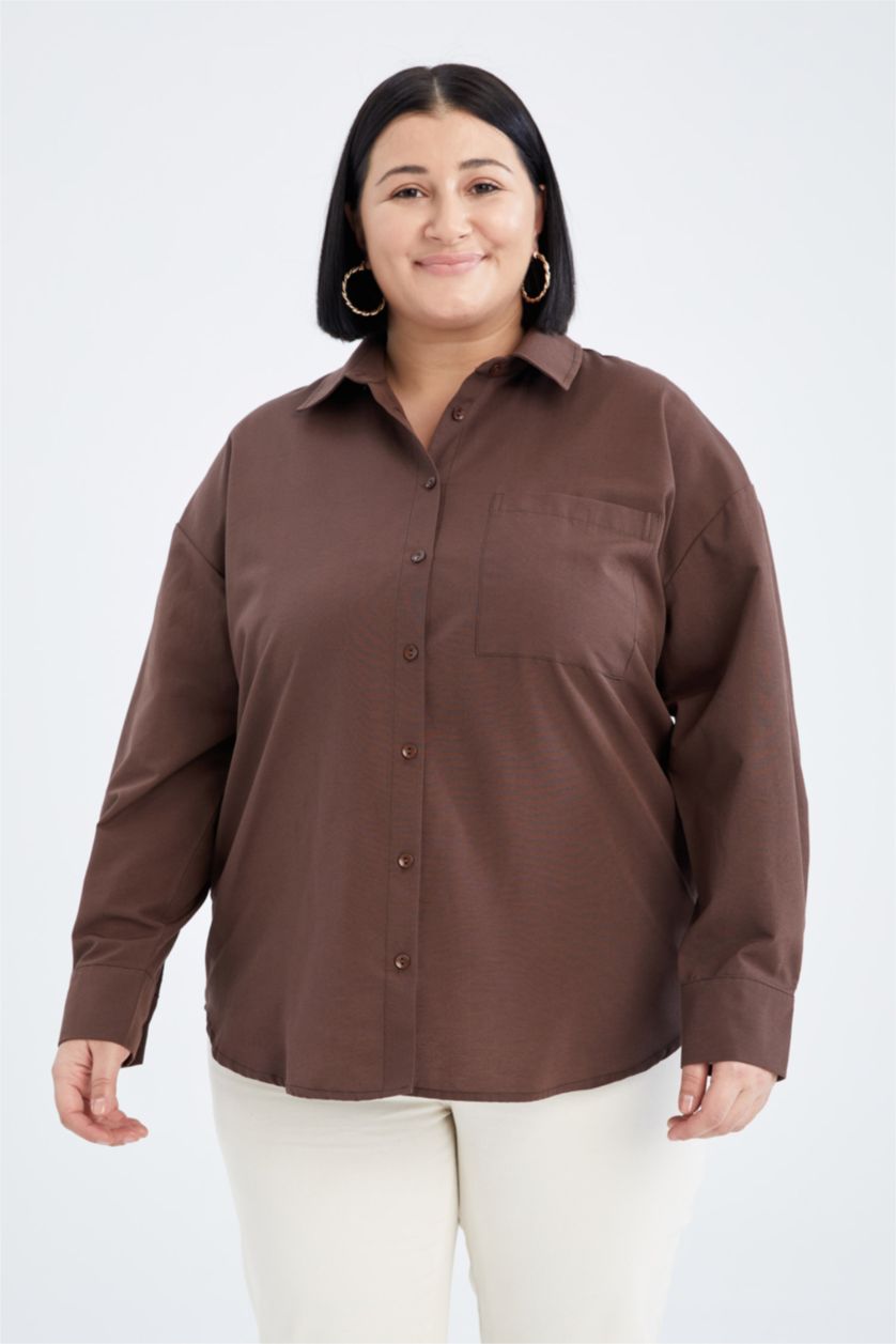 Woman Brown Relax Fit Shirt Collar Poplin Long Sleeve Shirt