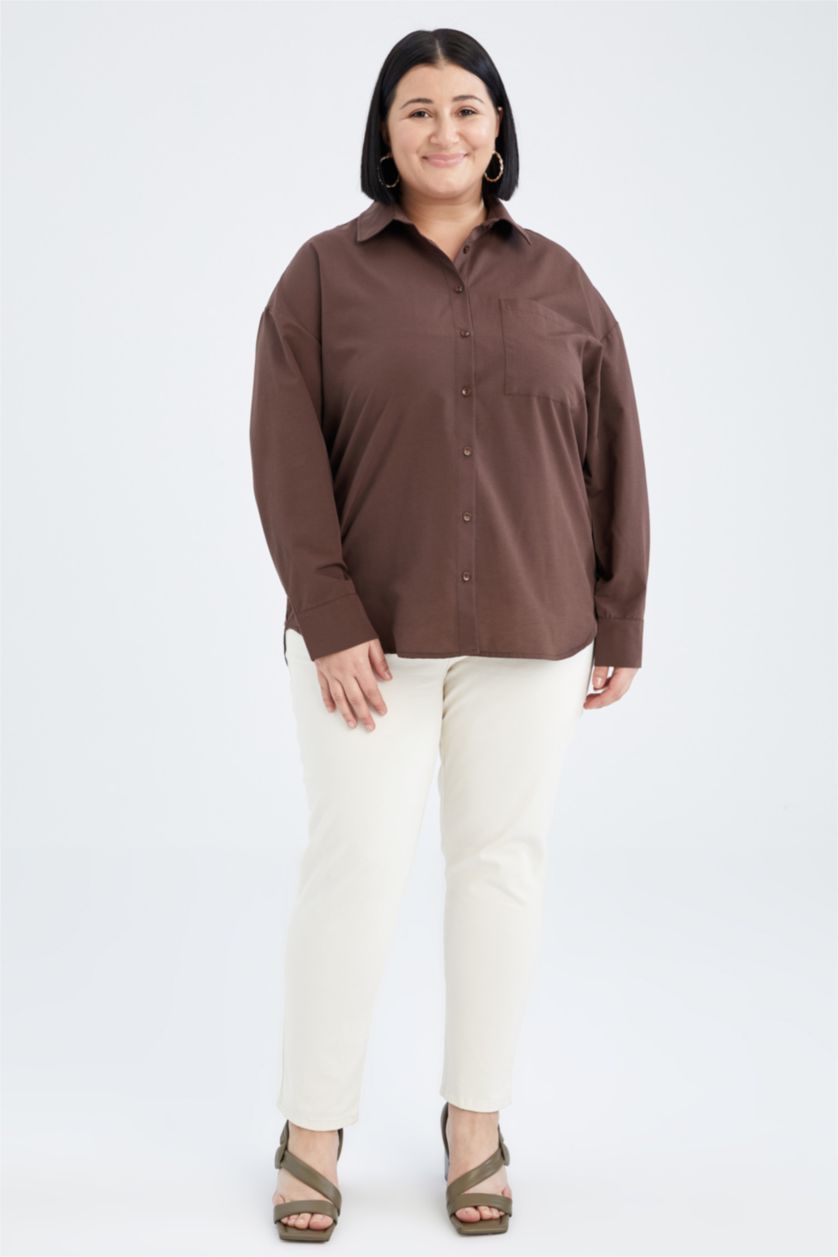 Woman Brown Relax Fit Shirt Collar Poplin Long Sleeve Shirt