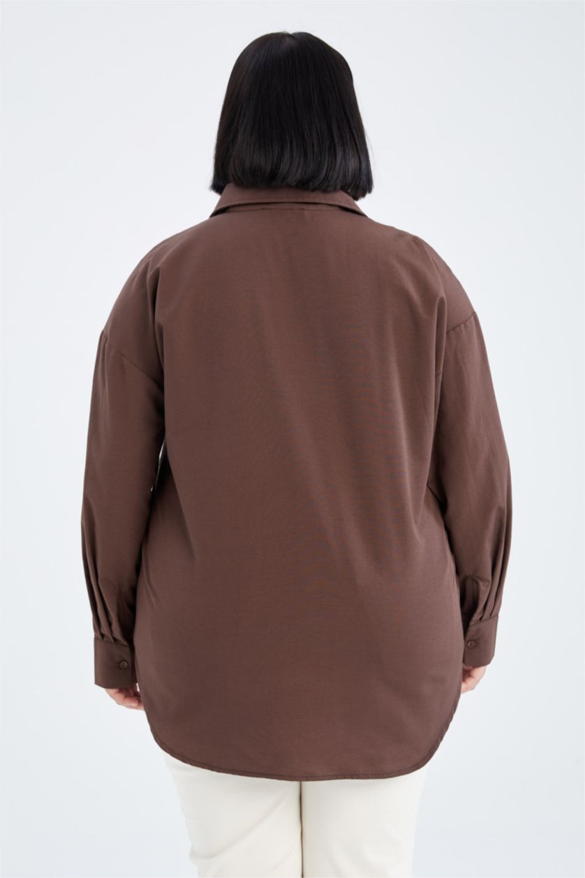 Woman Brown Relax Fit Shirt Collar Poplin Long Sleeve Shirt