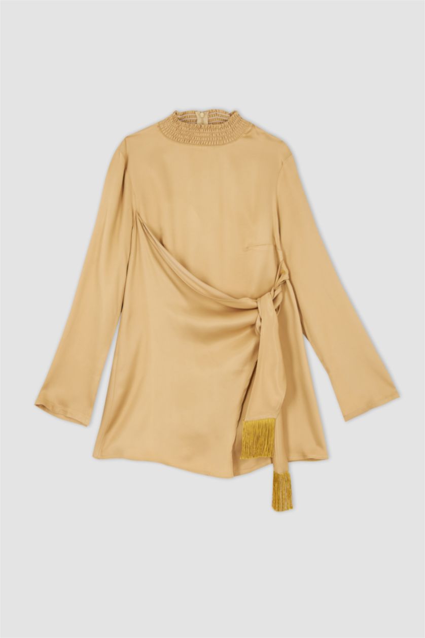 Kadın Camel Regular Fit Yarım Balıkçı Yaka Uzun Kollu Saten Tunik