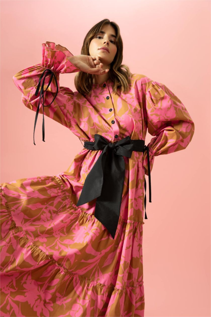 Kadın Camel Relax Fit Baskılı Uzun Kollu Kuşaklı Saten %100 Pamuk Elbise