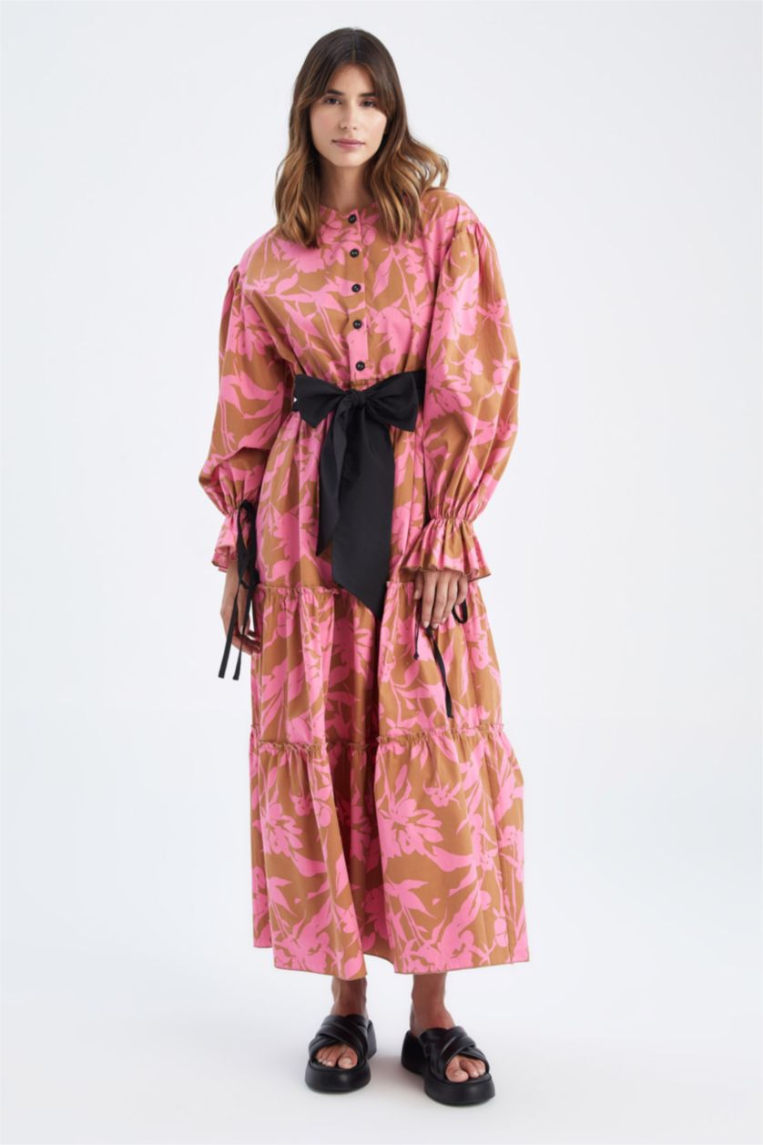 Kadın Camel Relax Fit Baskılı Uzun Kollu Kuşaklı Saten %100 Pamuk Elbise