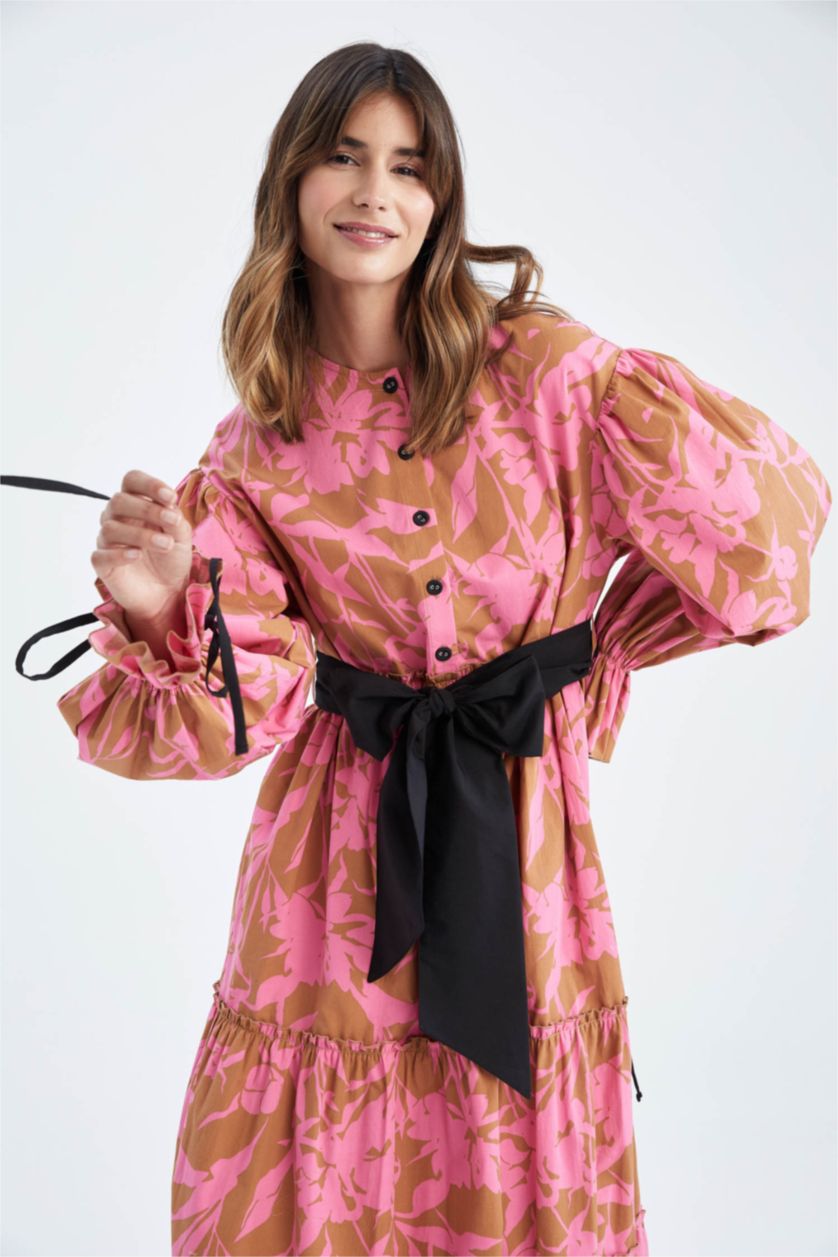 Kadın Camel Relax Fit Baskılı Uzun Kollu Kuşaklı Saten %100 Pamuk Elbise