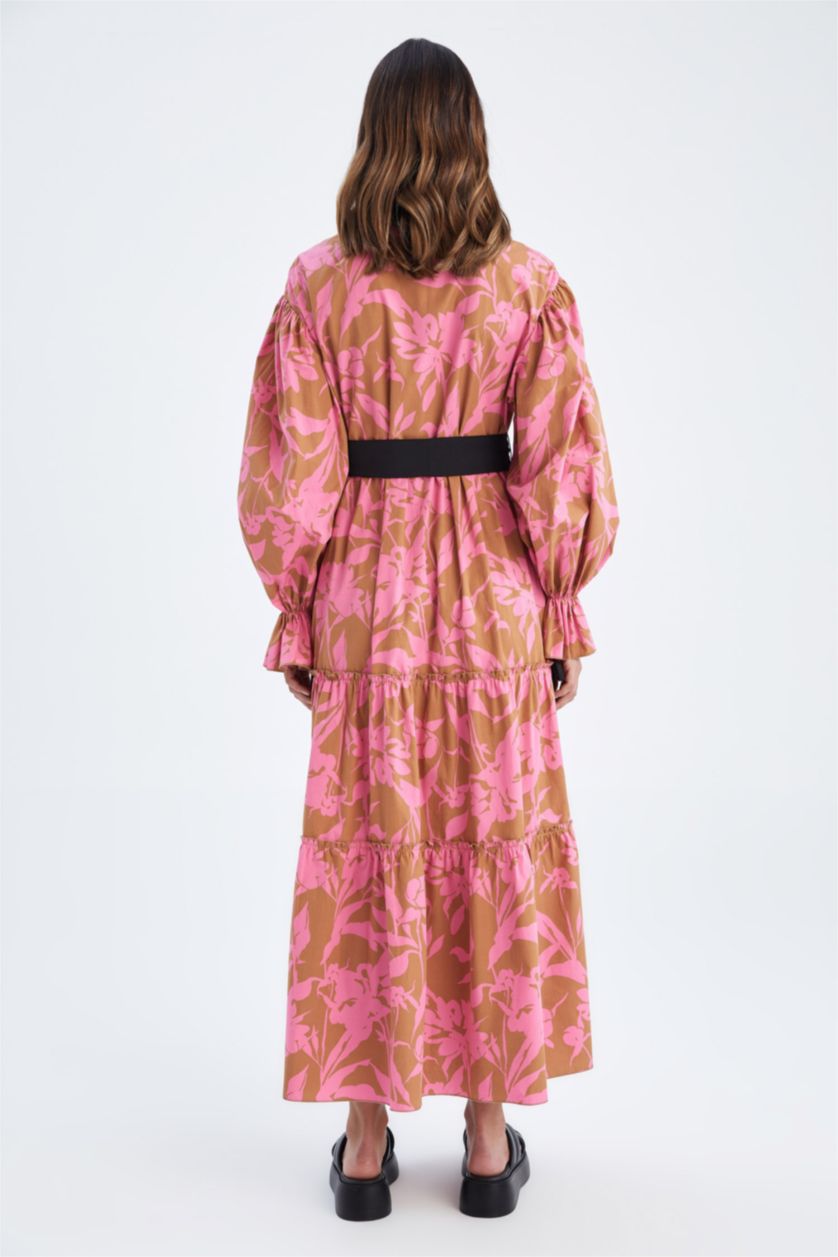 Kadın Camel Relax Fit Baskılı Uzun Kollu Kuşaklı Saten %100 Pamuk Elbise