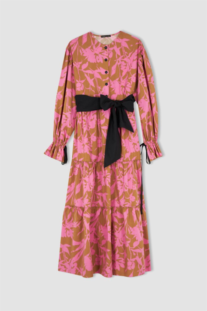 Kadın Camel Relax Fit Baskılı Uzun Kollu Kuşaklı Saten %100 Pamuk Elbise