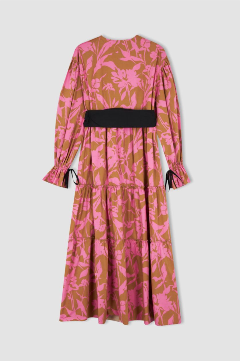 Kadın Camel Relax Fit Baskılı Uzun Kollu Kuşaklı Saten %100 Pamuk Elbise