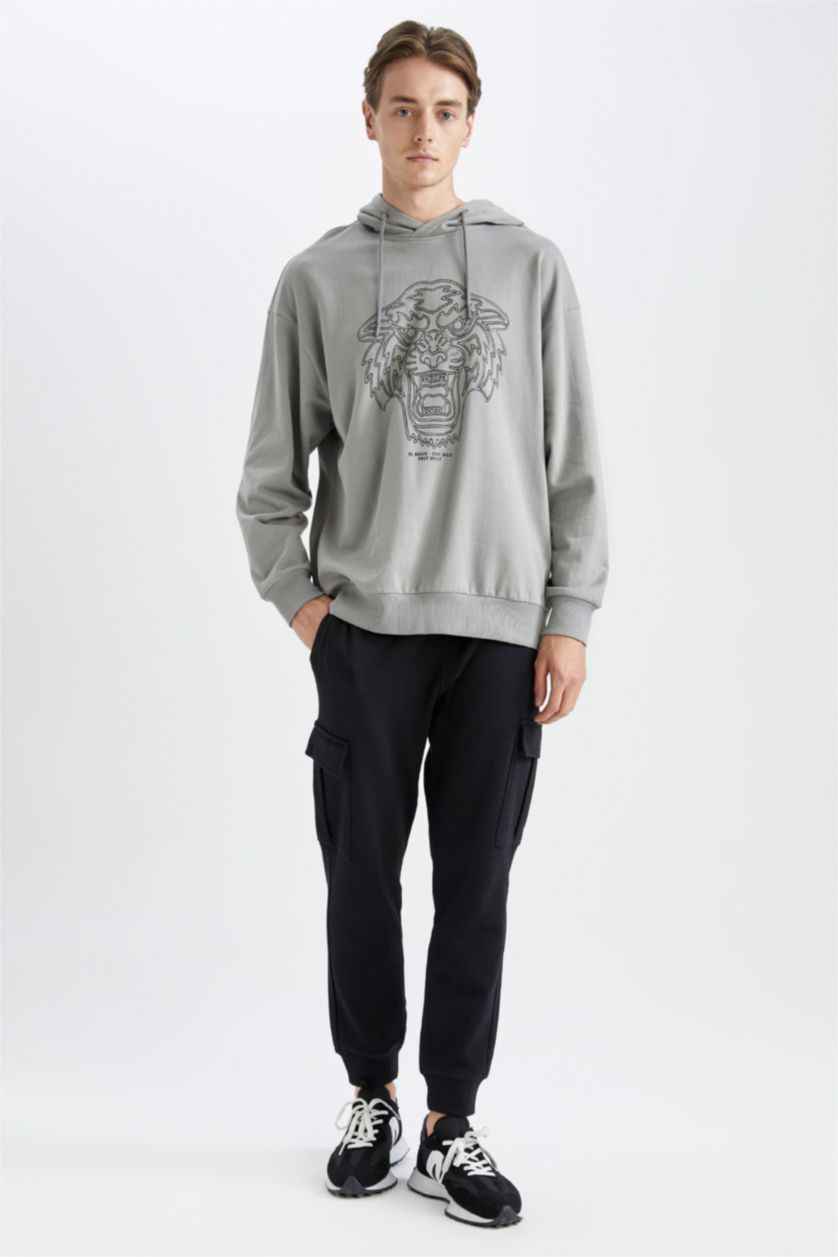 رجال رمادي هودي أوفر سايز  بأكمام طويلة