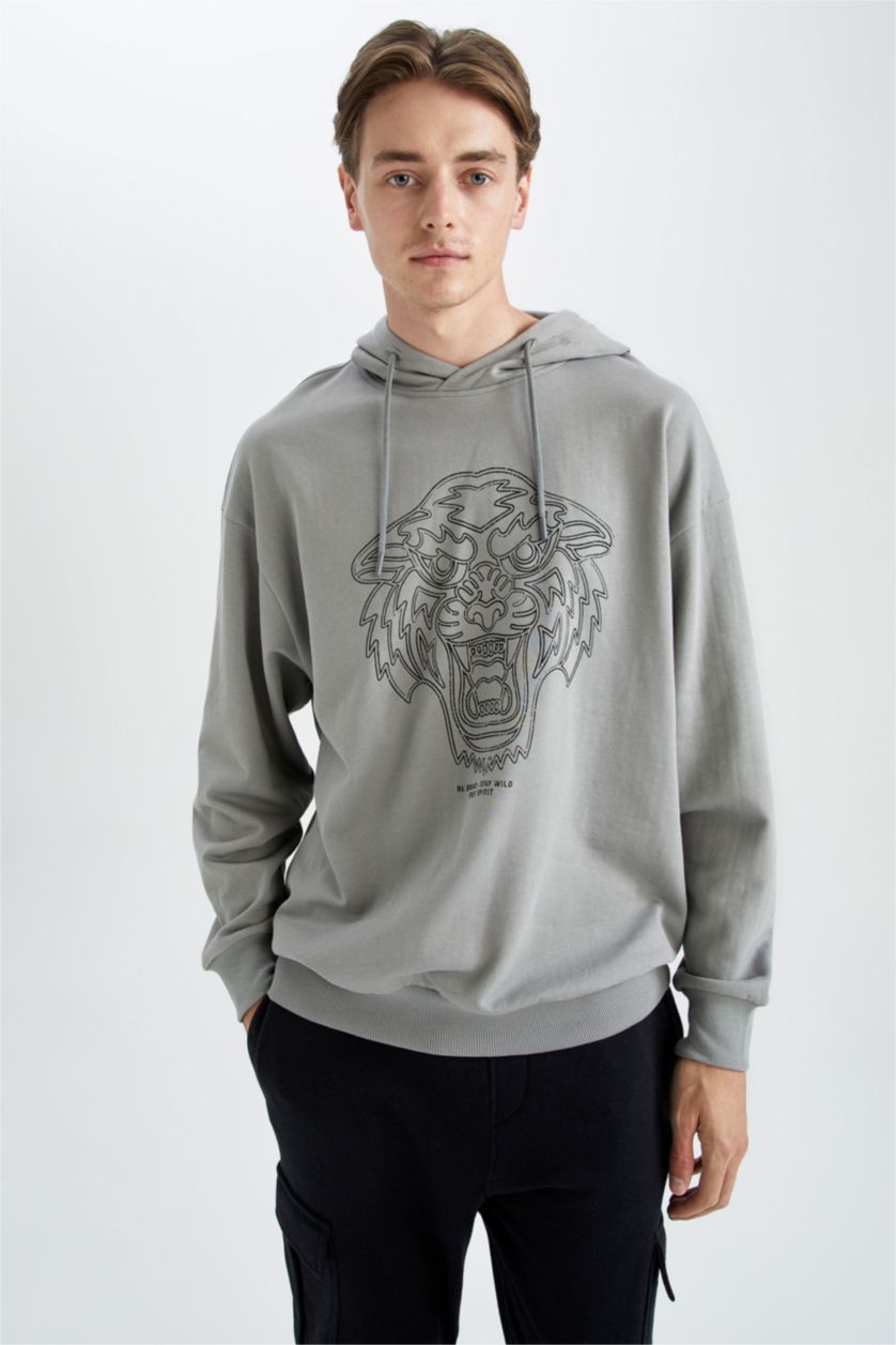 رجال رمادي هودي أوفر سايز  بأكمام طويلة