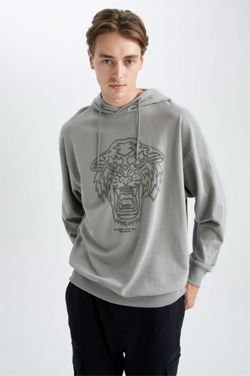 رجال رمادي هودي أوفر سايز  بأكمام طويلة