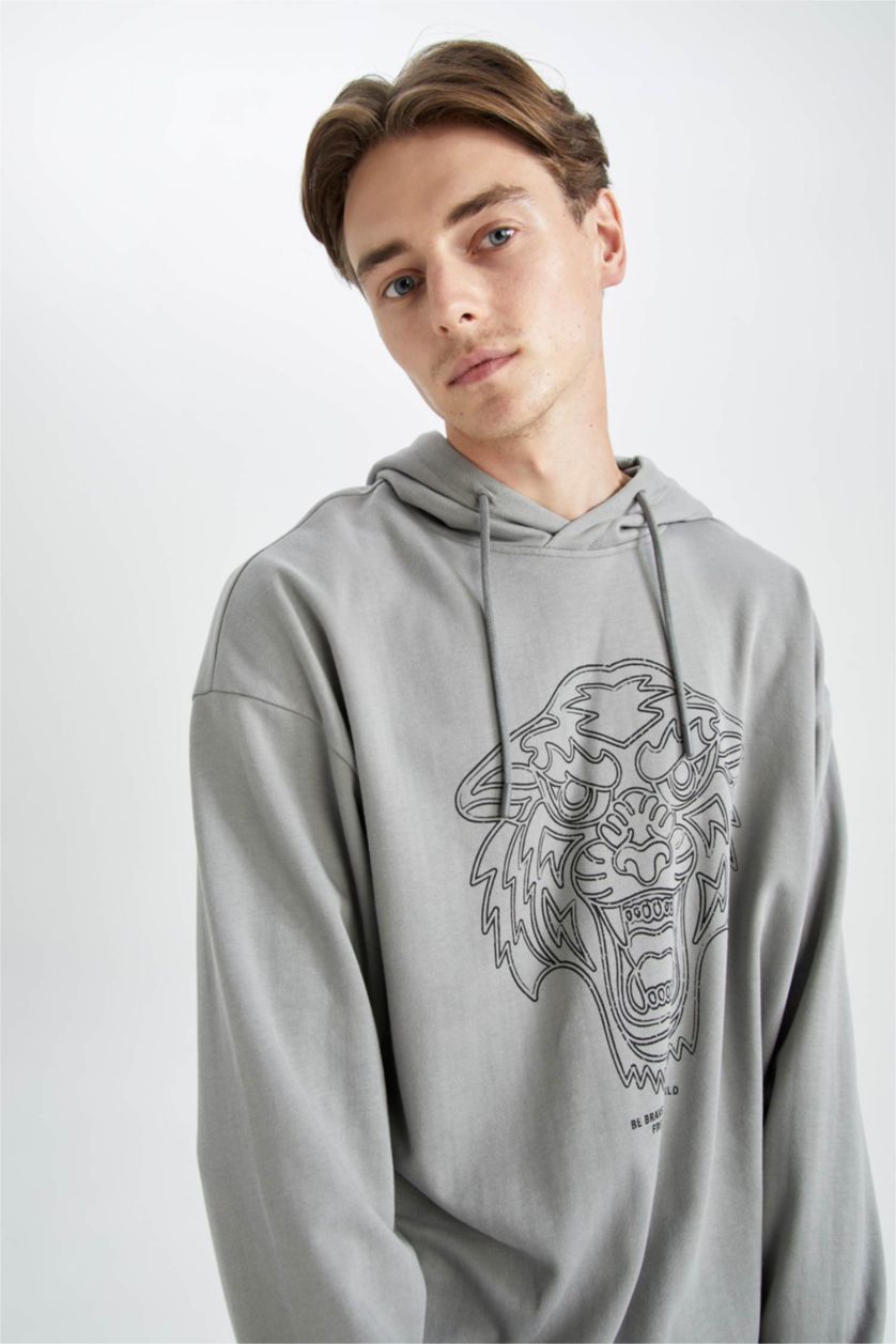 رجال رمادي هودي أوفر سايز  بأكمام طويلة