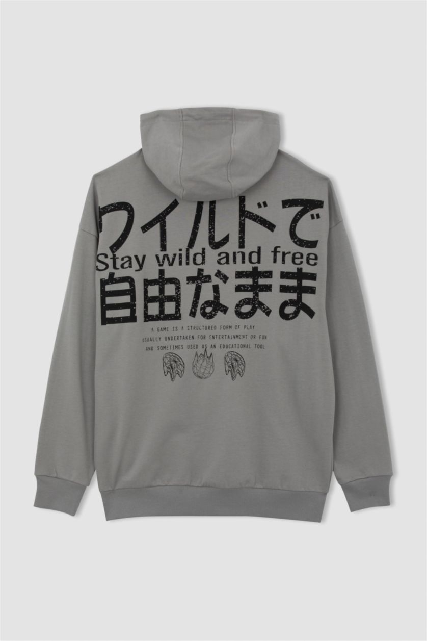 رجال رمادي هودي أوفر سايز  بأكمام طويلة