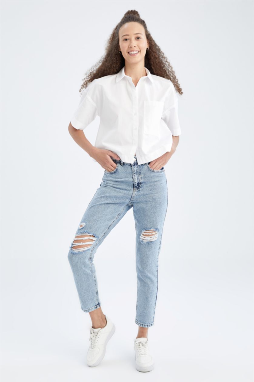 نساء أزرق فاتح بنطلون جينز  ممزق عالي الخصر من  Mom Fit