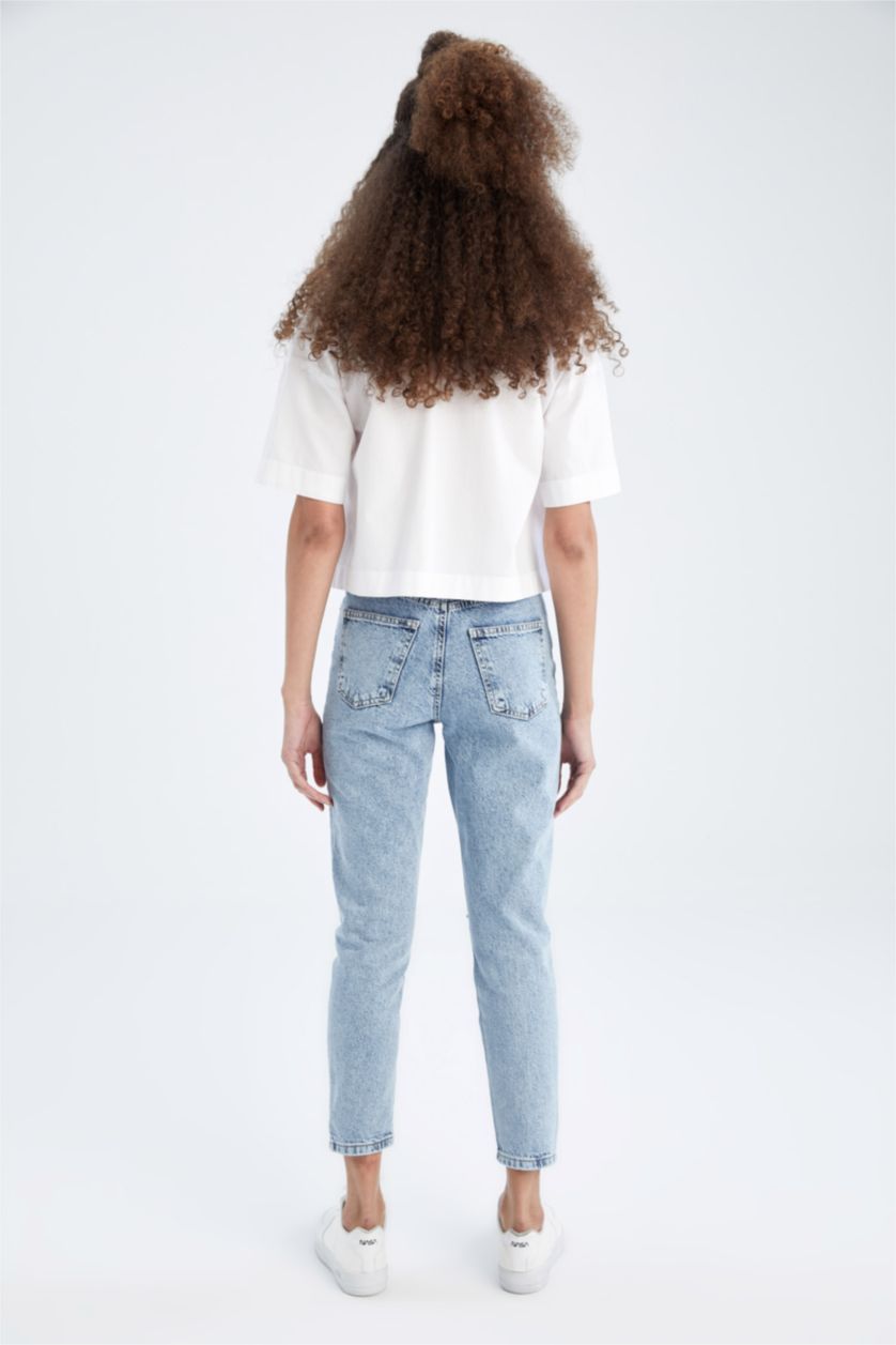 نساء أزرق فاتح بنطلون جينز  ممزق عالي الخصر من  Mom Fit