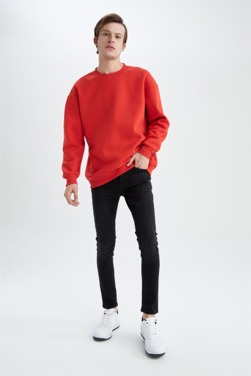 رجالي أحمر سويت شيرت بوكسي فيت برقبة مستديرة كم طويل