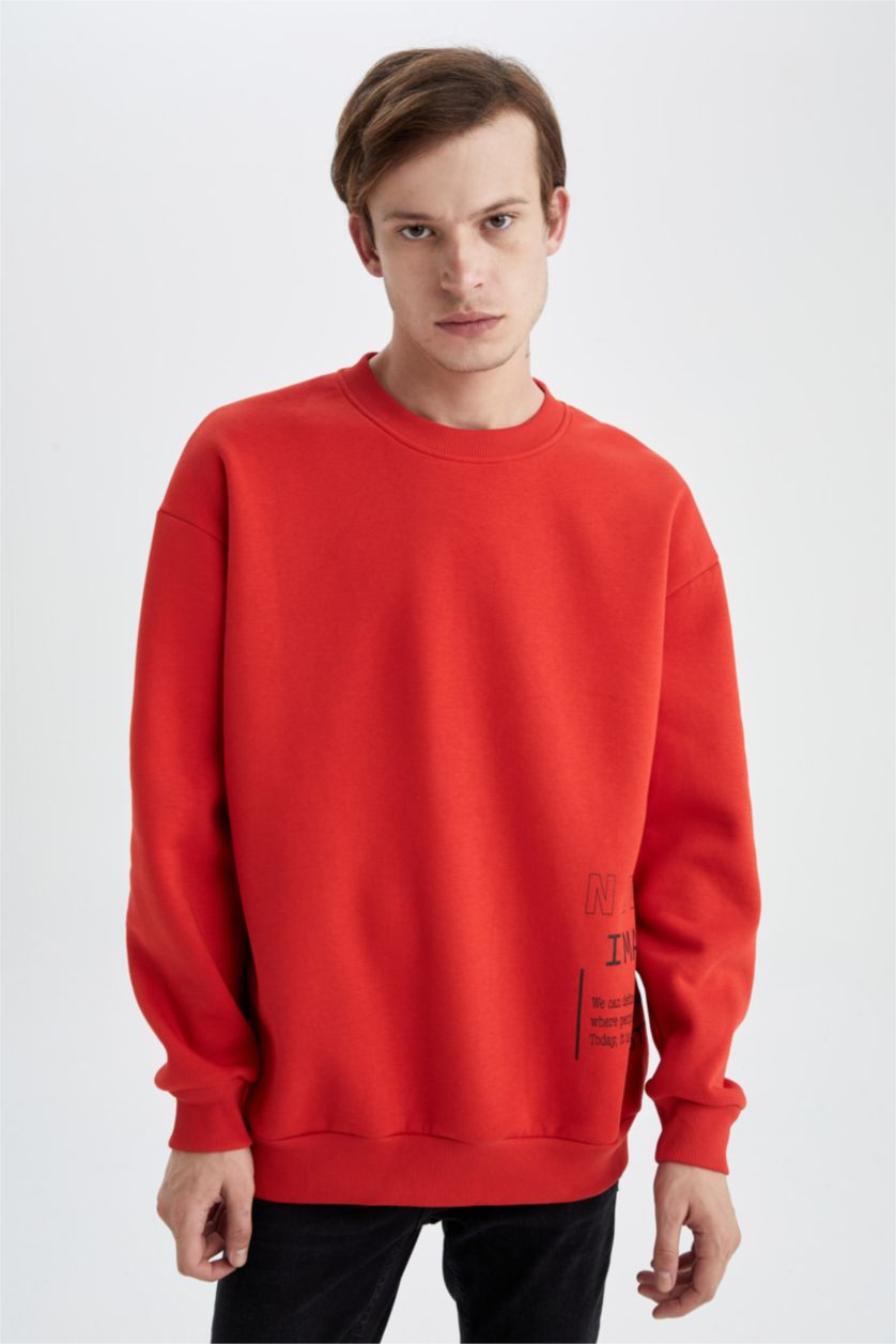 رجالي أحمر سويت شيرت بوكسي فيت برقبة مستديرة كم طويل