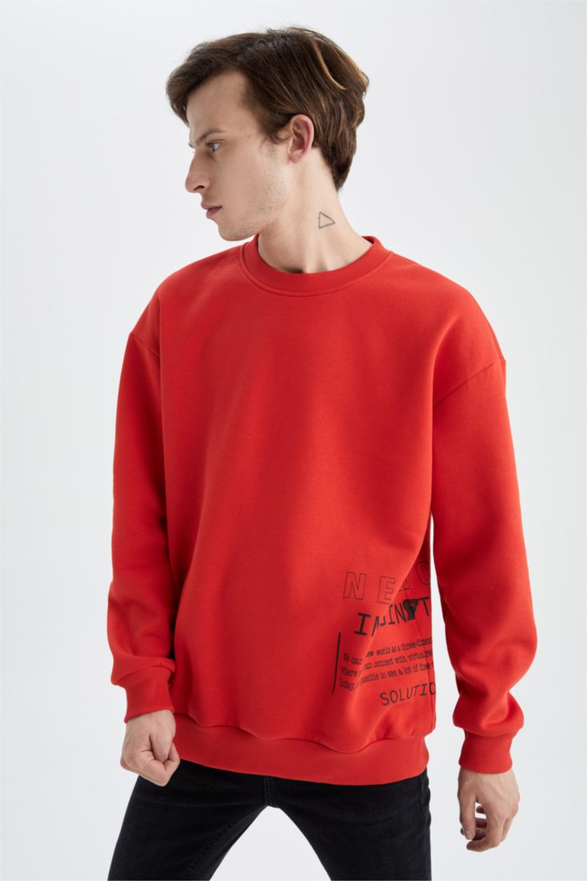 رجالي أحمر سويت شيرت بوكسي فيت برقبة مستديرة كم طويل