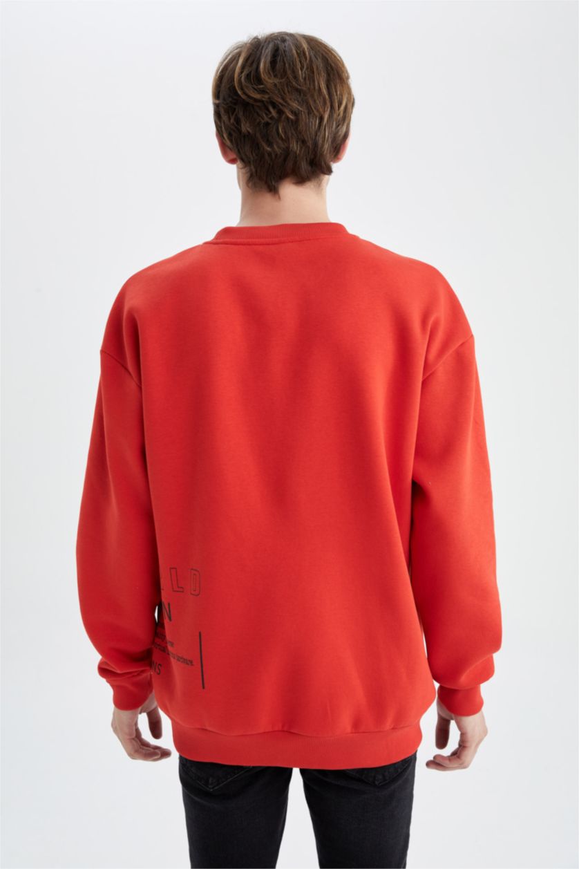 رجالي أحمر سويت شيرت بوكسي فيت برقبة مستديرة كم طويل