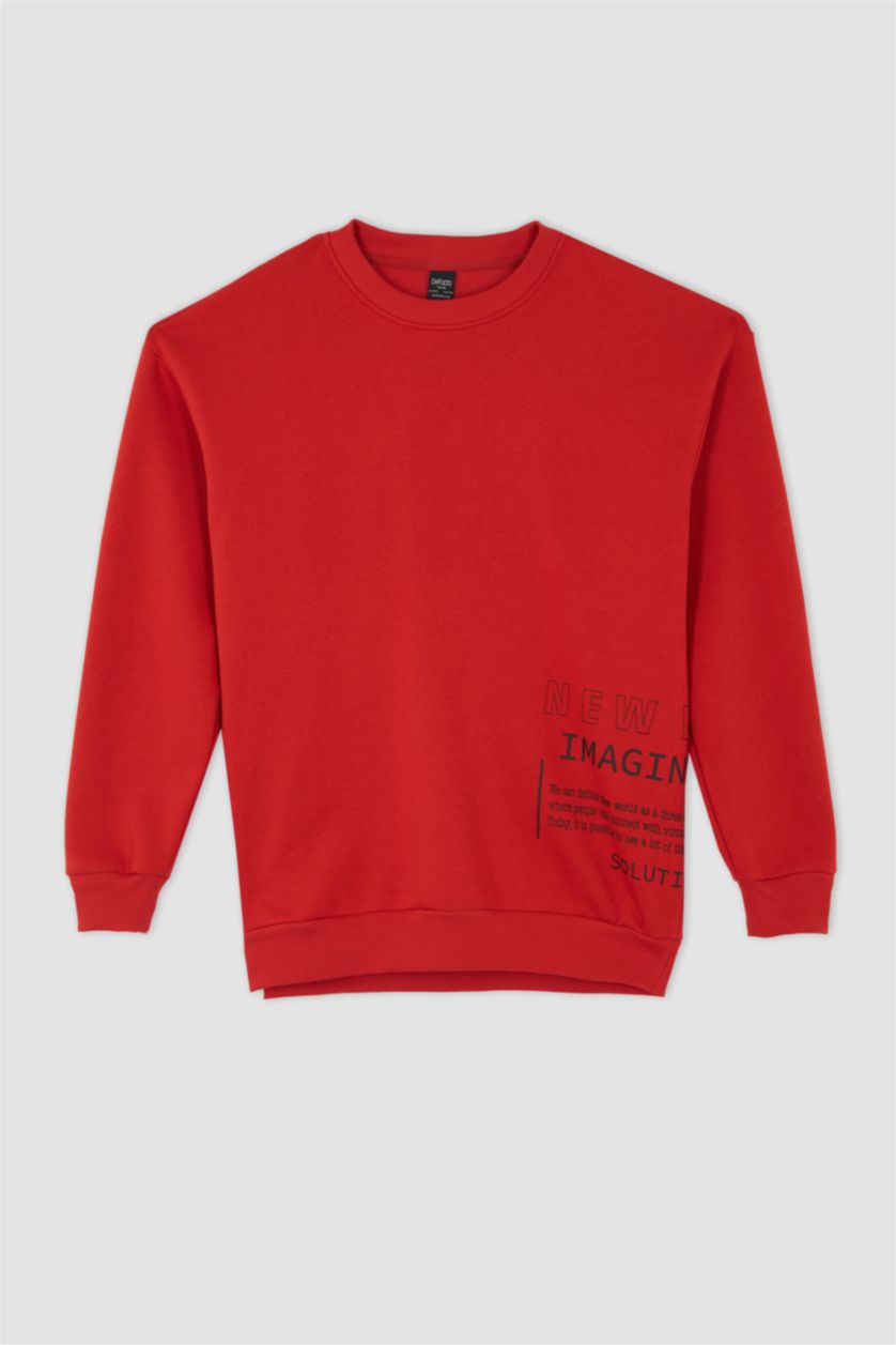 رجالي أحمر سويت شيرت بوكسي فيت برقبة مستديرة كم طويل