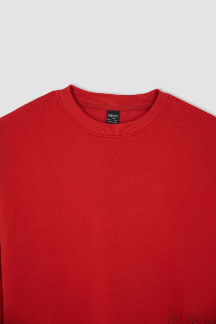 رجالي أحمر سويت شيرت بوكسي فيت برقبة مستديرة كم طويل