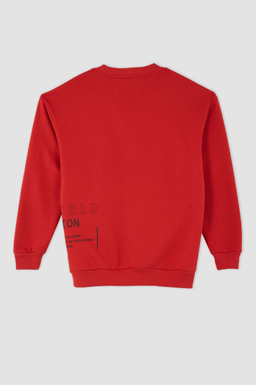 رجالي أحمر سويت شيرت بوكسي فيت برقبة مستديرة كم طويل