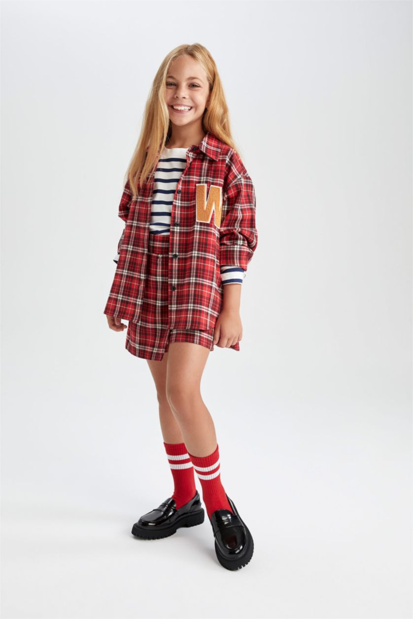 بنات أحمر طقم بناتي تنورة شورت و جوارب كاروهات