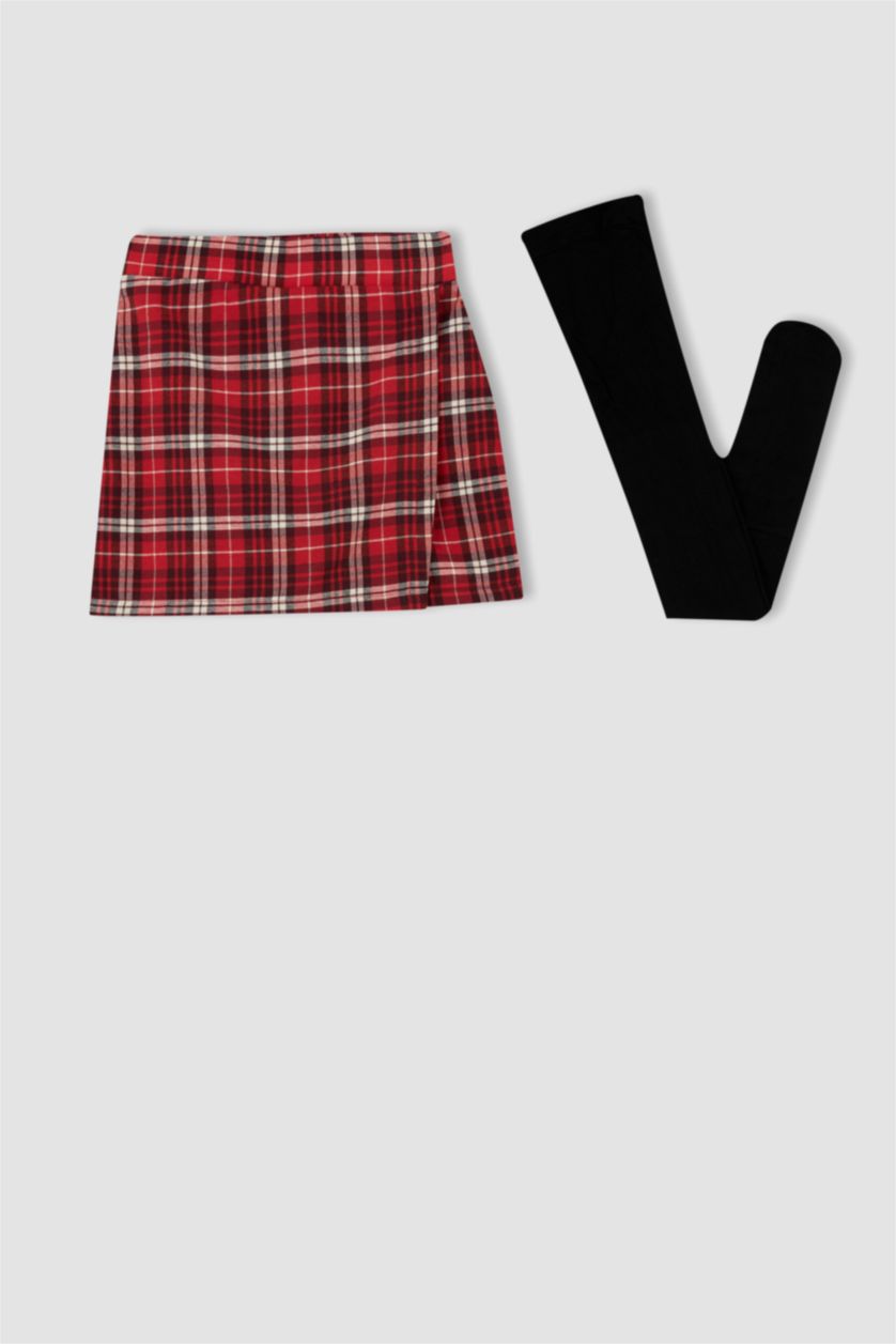 بنات أحمر طقم بناتي تنورة شورت و جوارب كاروهات