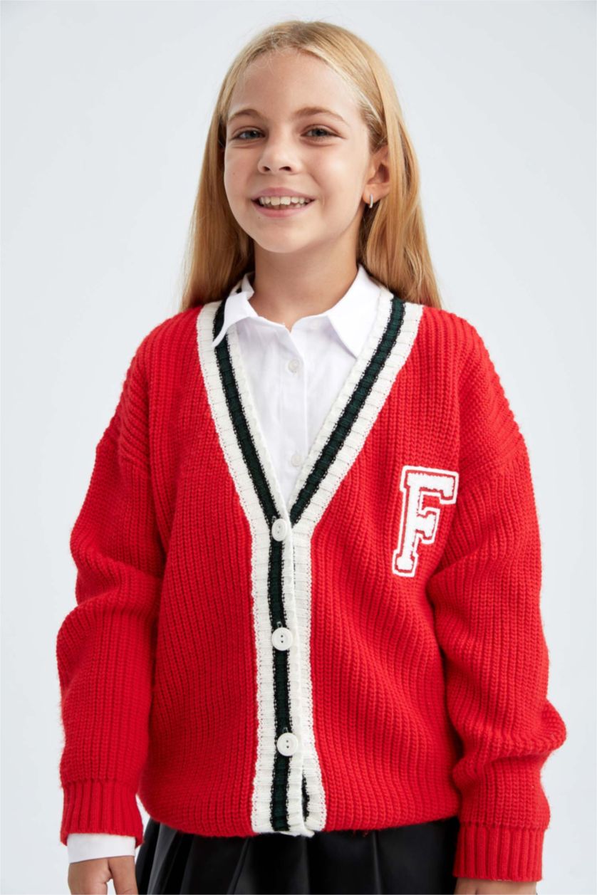 Kız Çocuk - Genç Kız Kırmızı Kız Çocuk V Yaka Kolej Triko Okul Hırkası