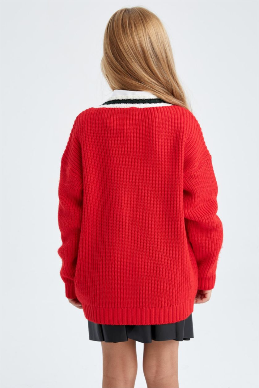 Kız Çocuk - Genç Kız Kırmızı Kız Çocuk V Yaka Kolej Triko Okul Hırkası