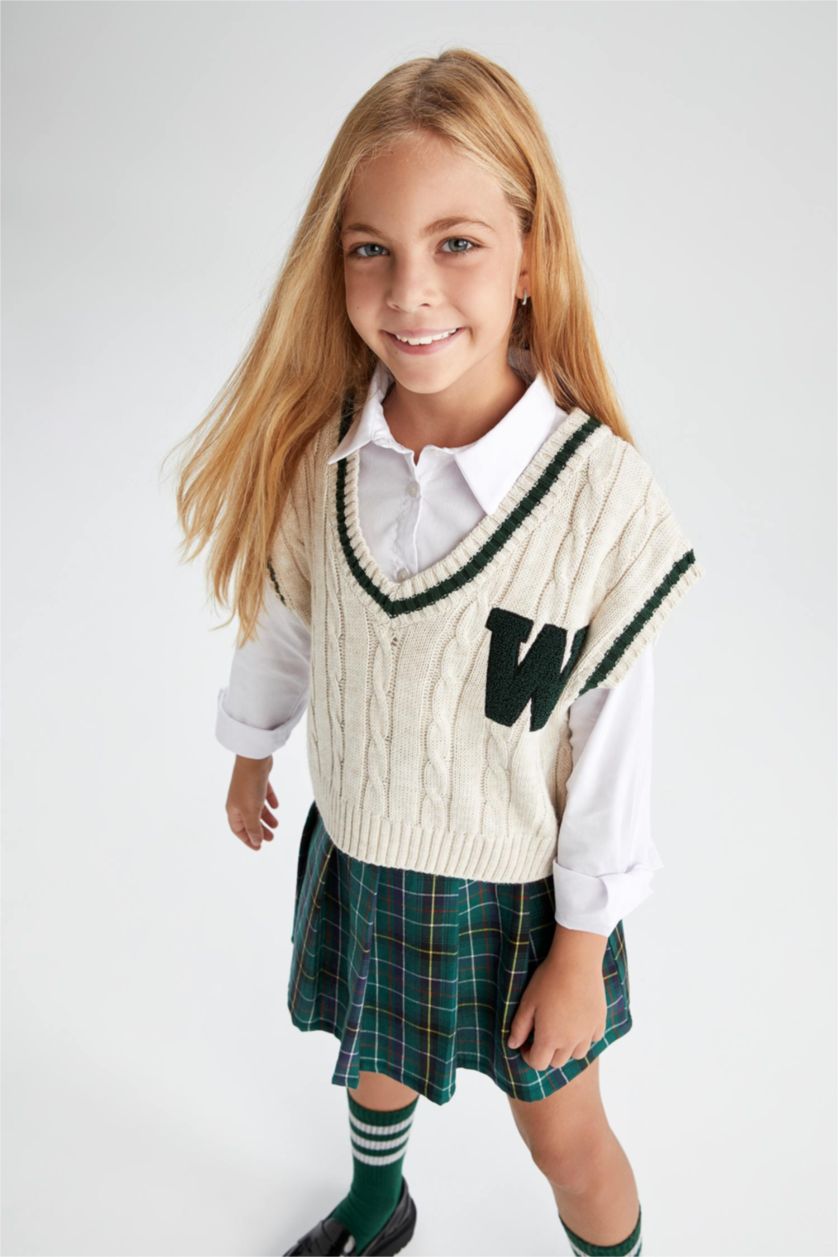 GIRLS & TEENS Beige Girl Regular Fit V-Neck Sweater Vest