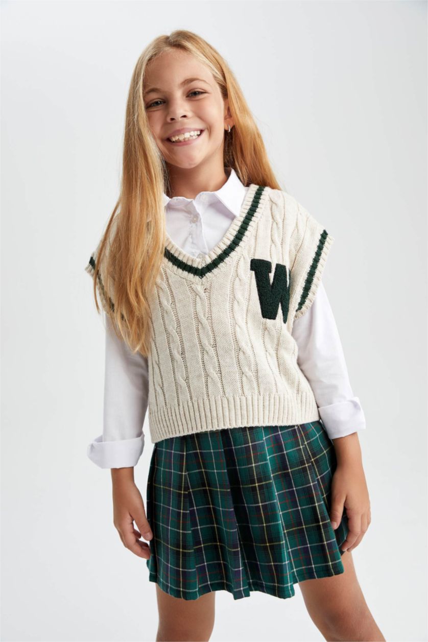 GIRLS & TEENS Beige Girl Regular Fit V-Neck Sweater Vest