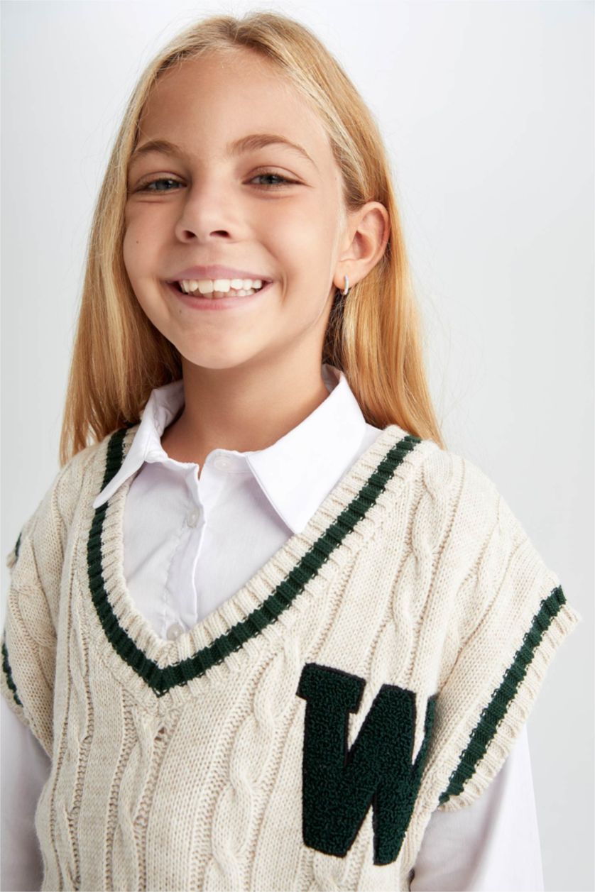 GIRLS & TEENS Beige Girl Regular Fit V-Neck Sweater Vest