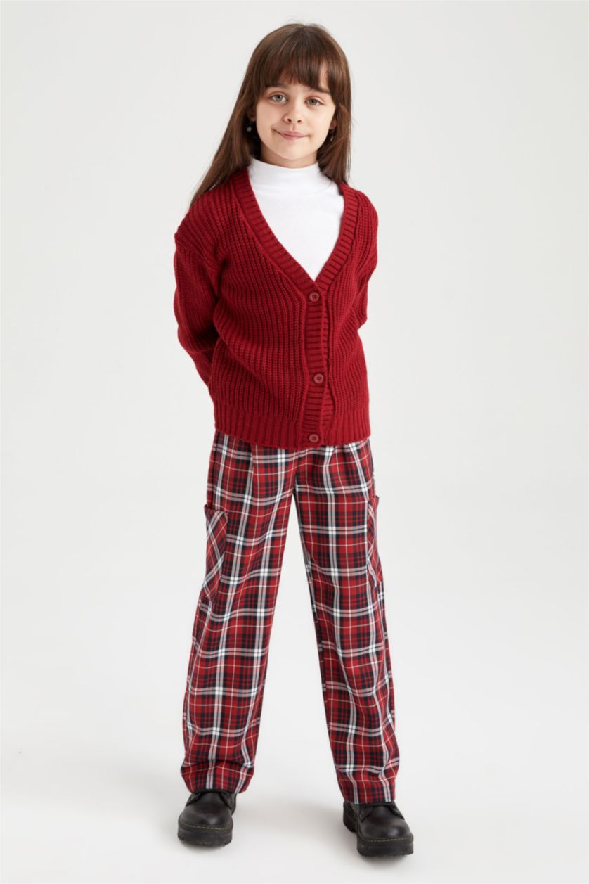 بناتي أحمر بنطلون بناتي كاروهات قصة عادية برجل واسع