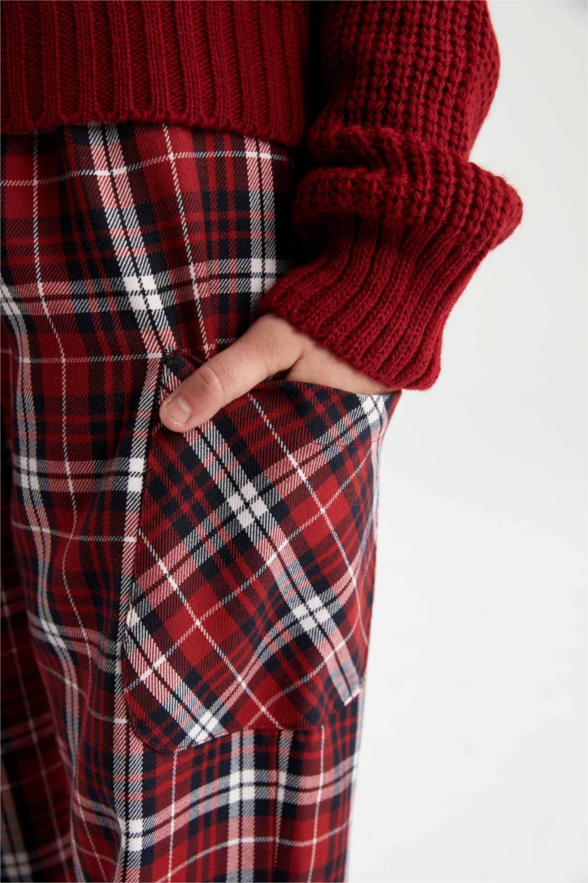 بناتي أحمر بنطلون بناتي كاروهات قصة عادية برجل واسع