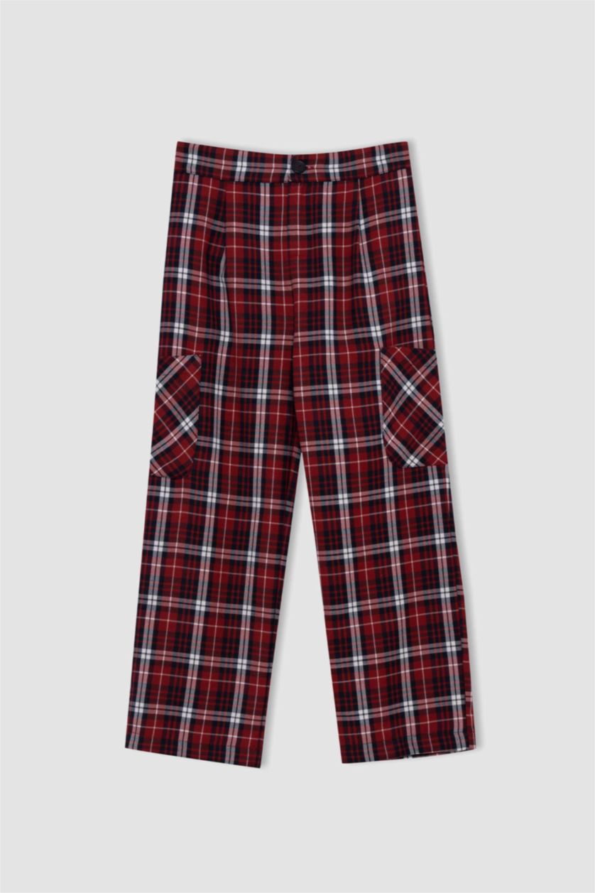 بناتي أحمر بنطلون بناتي كاروهات قصة عادية برجل واسع