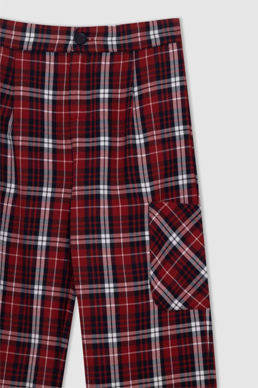 بناتي أحمر بنطلون بناتي كاروهات قصة عادية برجل واسع