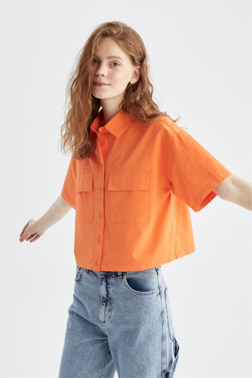 WOMAN Coral Crop Poplin Short Sleeve Shirt