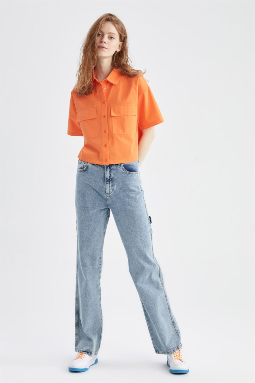WOMAN Coral Crop Poplin Short Sleeve Shirt