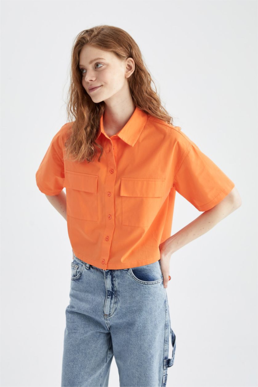 WOMAN Coral Crop Poplin Short Sleeve Shirt