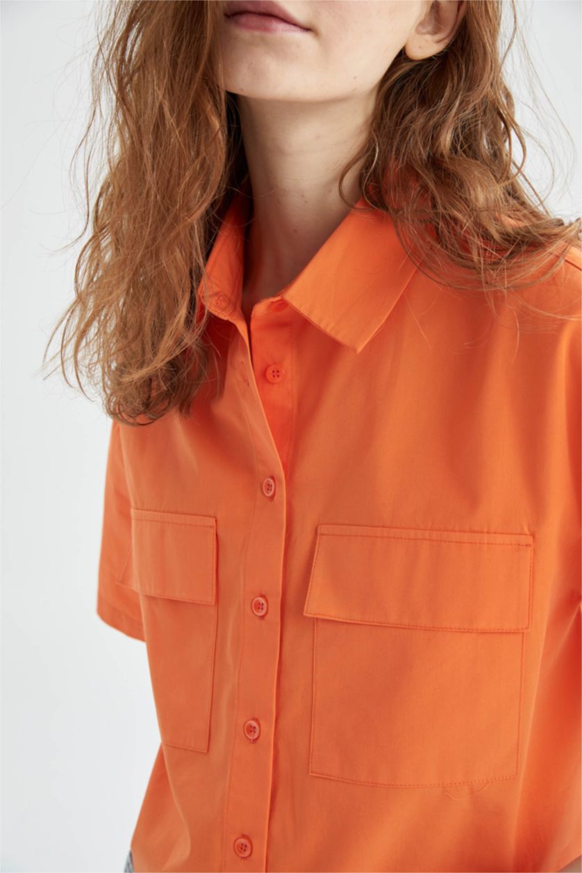 WOMAN Coral Crop Poplin Short Sleeve Shirt