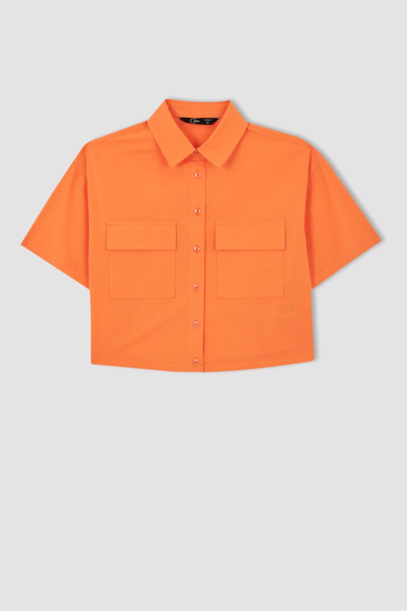 WOMAN Coral Crop Poplin Short Sleeve Shirt