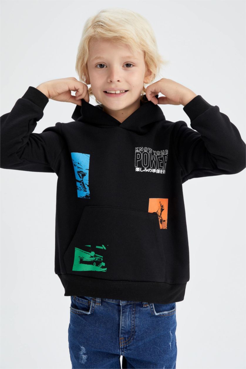 Erkek Çocuk - Genç Erkek Siyah Erkek Çocuk Kapüşonlu Sırt Baskılı Kanguru Cepli Sweatshirt