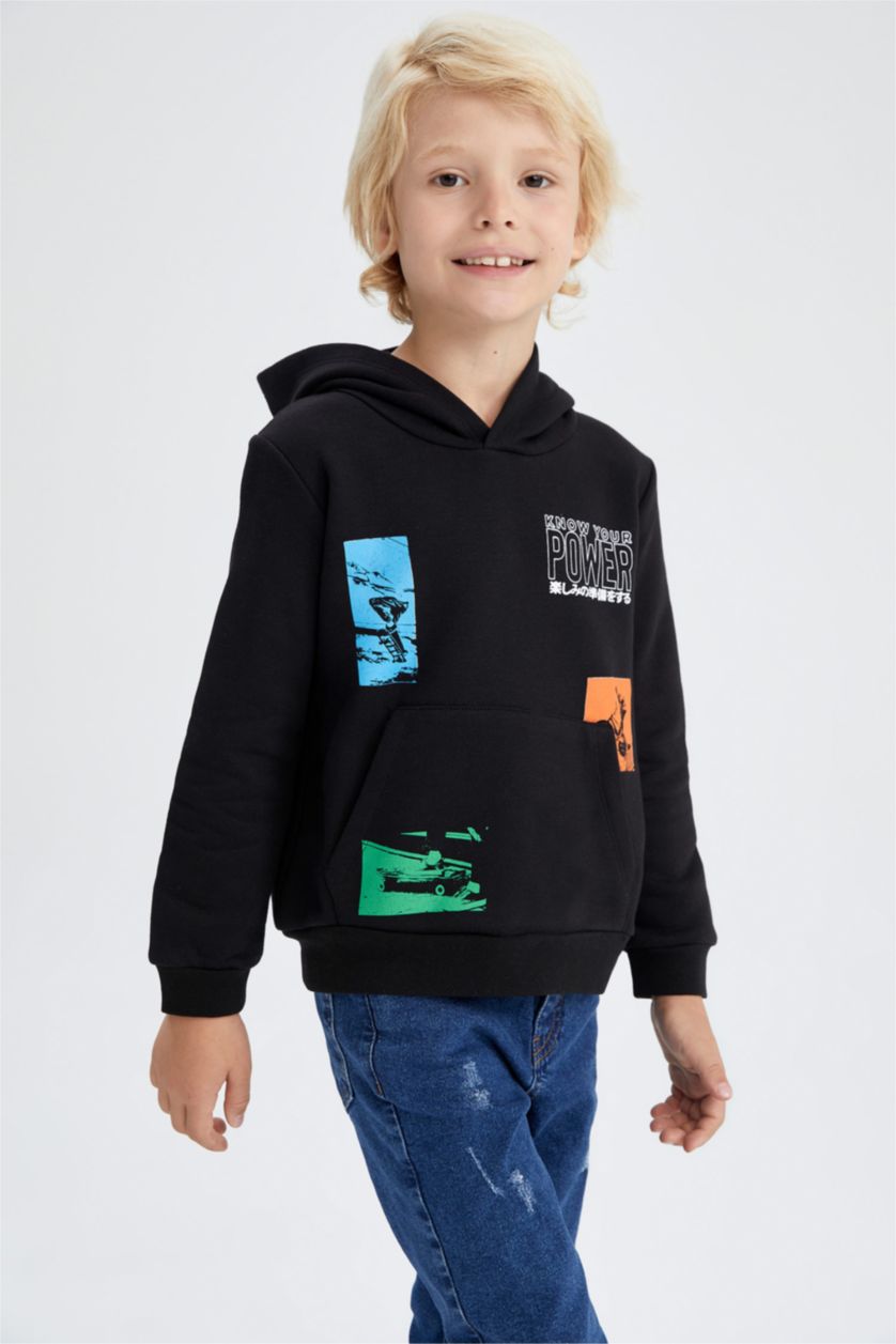 Erkek Çocuk - Genç Erkek Siyah Erkek Çocuk Kapüşonlu Sırt Baskılı Kanguru Cepli Sweatshirt