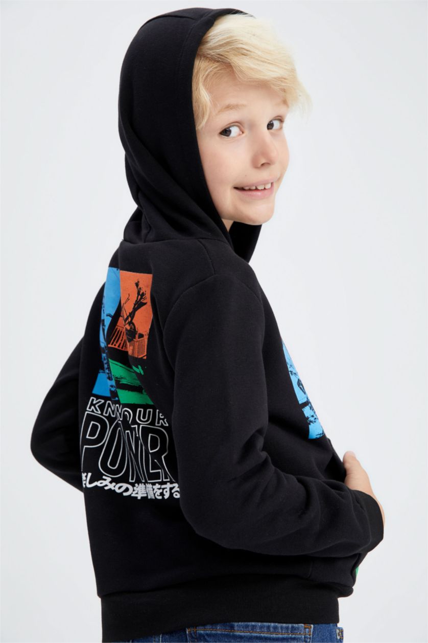 Erkek Çocuk - Genç Erkek Siyah Erkek Çocuk Kapüşonlu Sırt Baskılı Kanguru Cepli Sweatshirt