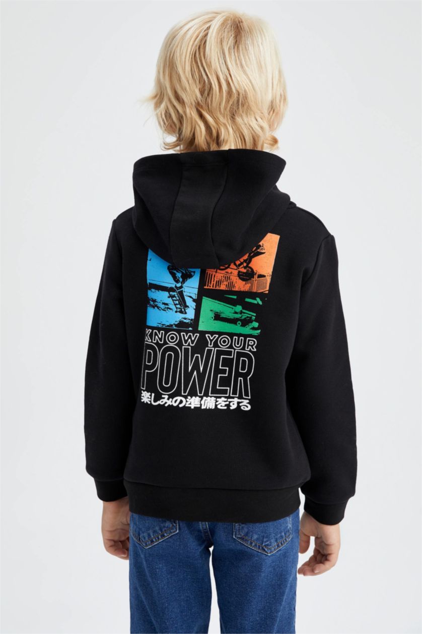 Erkek Çocuk - Genç Erkek Siyah Erkek Çocuk Kapüşonlu Sırt Baskılı Kanguru Cepli Sweatshirt