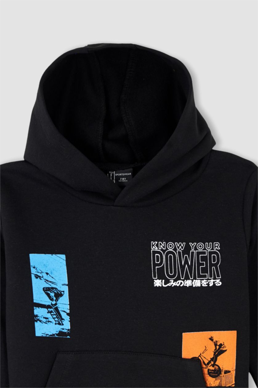 Erkek Çocuk - Genç Erkek Siyah Erkek Çocuk Kapüşonlu Sırt Baskılı Kanguru Cepli Sweatshirt