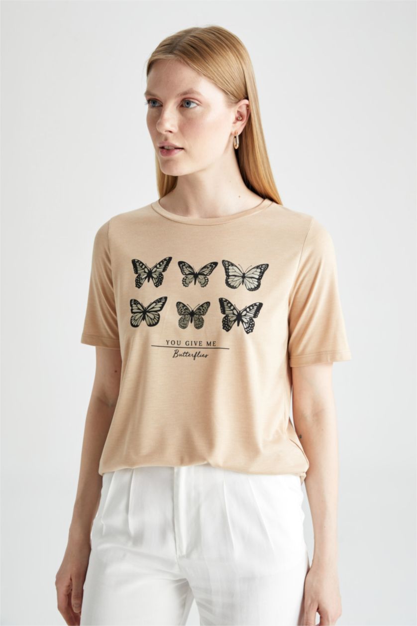 WOMAN Vison Relax Fit Short Sleeve Butterfly Print T-Shirt